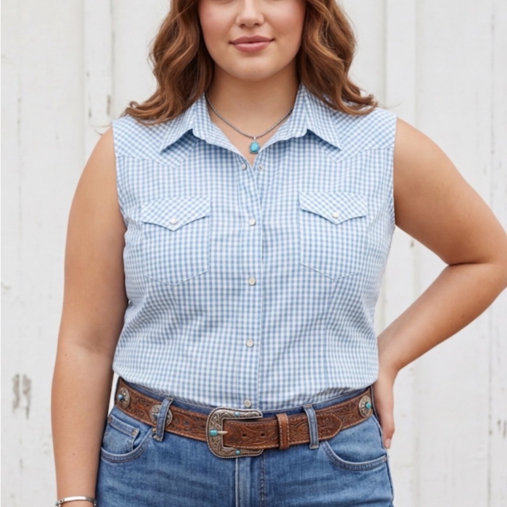 Wrangler Sleeveless Western Blue Gingham Pearl Snap Plaid Top XL Rodeo Cowgirl